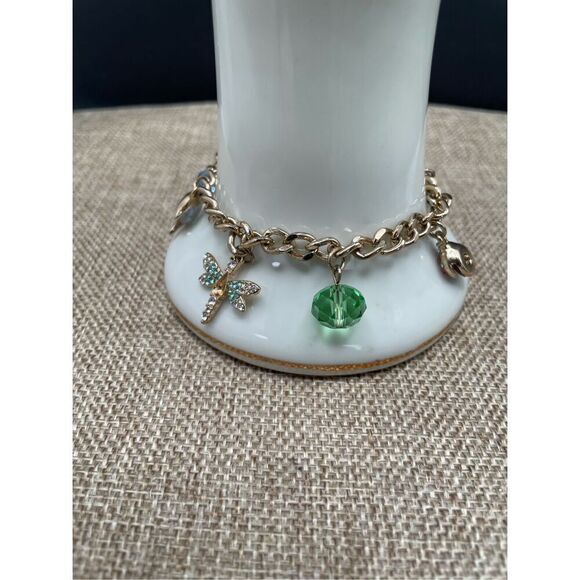 BETSEY JOHNSON CHARM BRACELET GREEN BLUE HEART CRYSTAL DRAGONFLY BUG FISH SUMMER - Picture 1 of 7